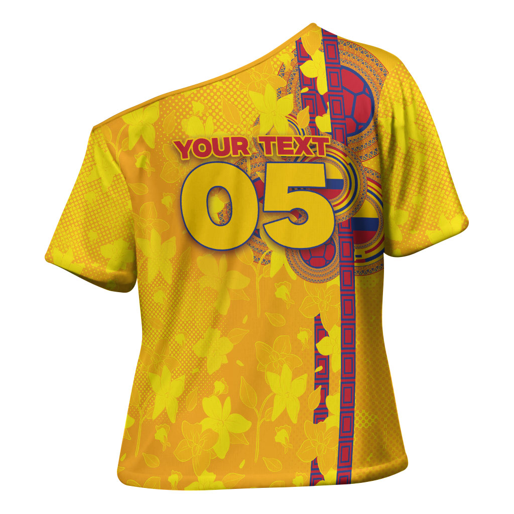 Custom Colombia Football Cross Shoulder Shirt Tropical Orchid Floral Pattern With Coat Of Arms