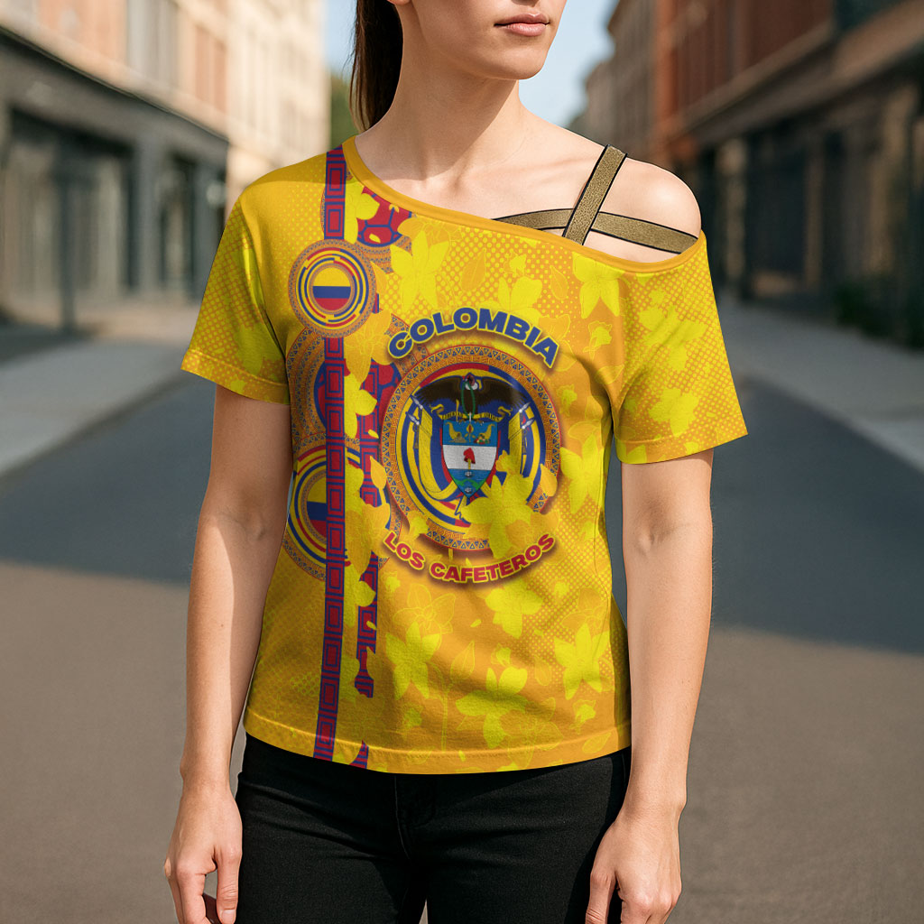 Custom Colombia Football Cross Shoulder Shirt Tropical Orchid Floral Pattern With Coat Of Arms