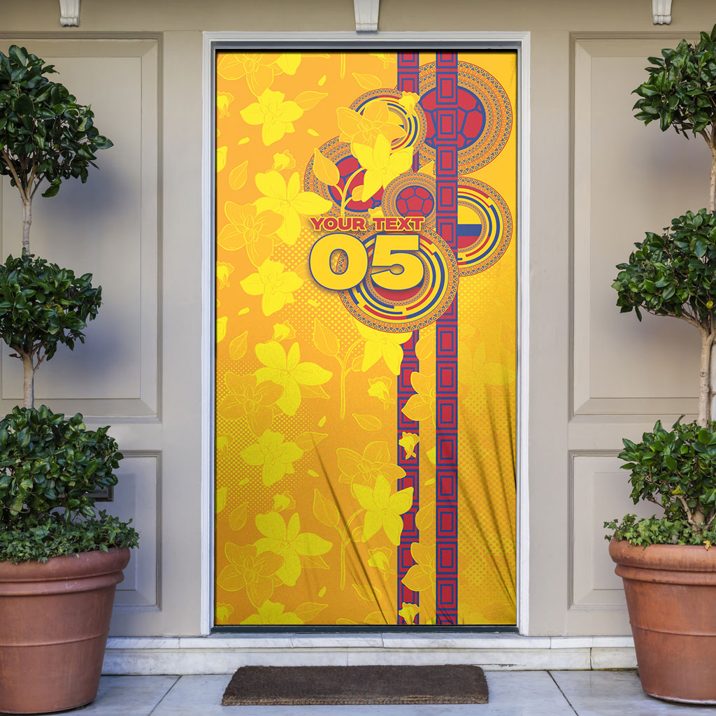 Custom Colombia Football Door Cover Tropical Orchid Floral Pattern With Coat Of Arms