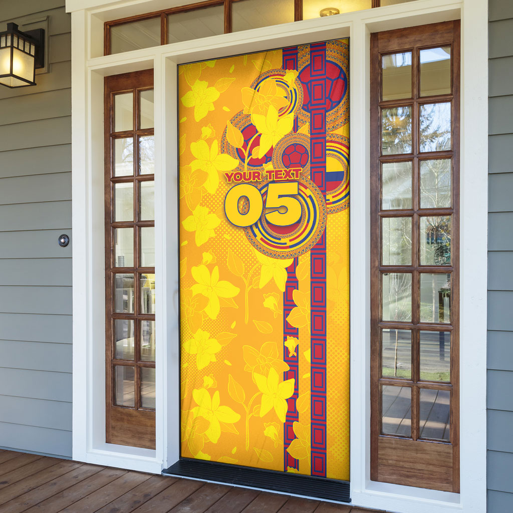 Custom Colombia Football Door Cover Tropical Orchid Floral Pattern With Coat Of Arms