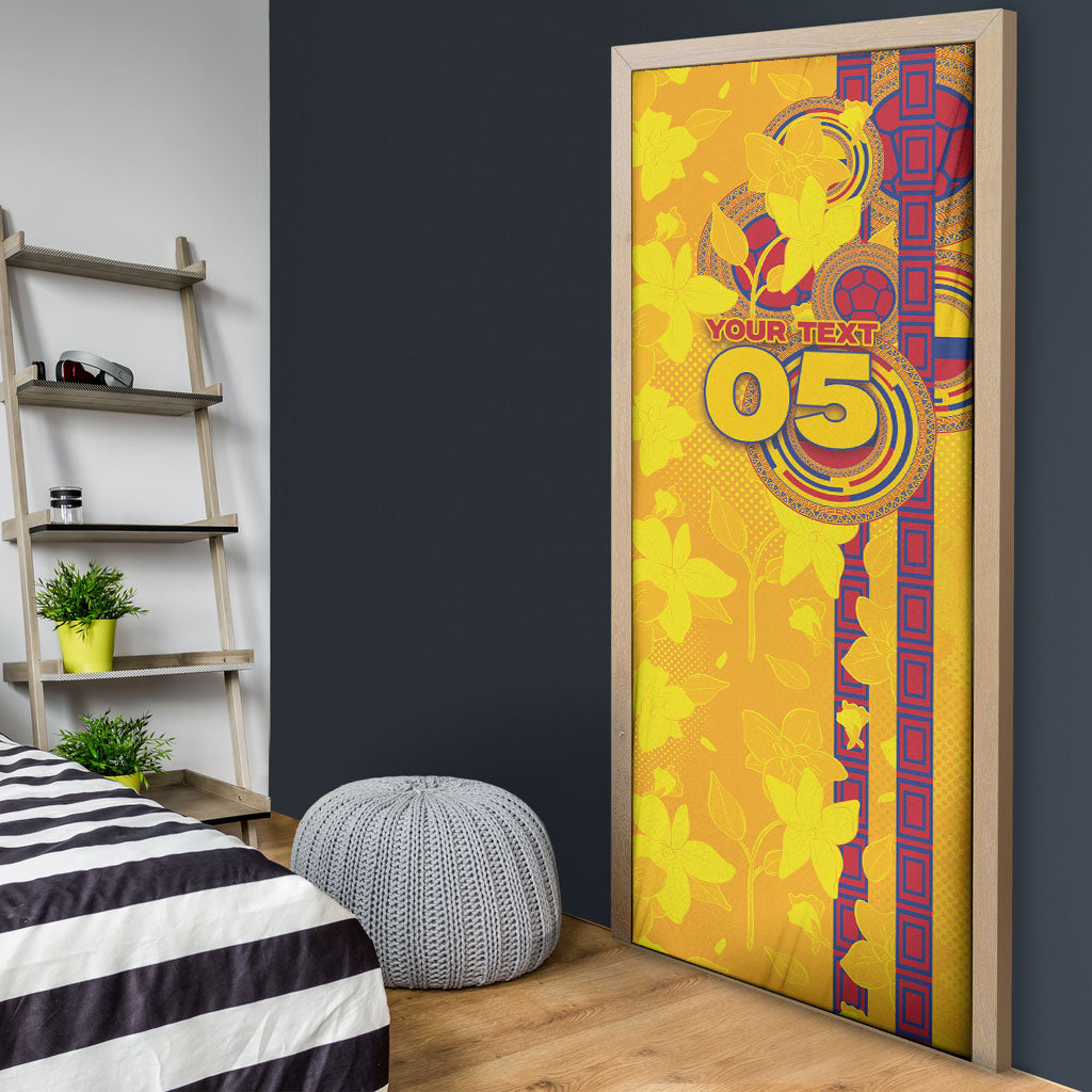 Custom Colombia Football Door Cover Tropical Orchid Floral Pattern With Coat Of Arms