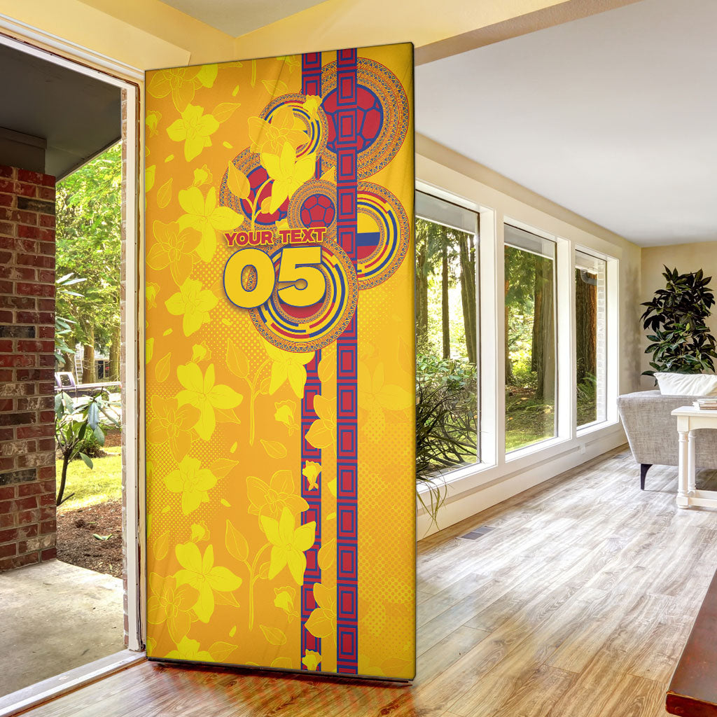 Custom Colombia Football Door Cover Tropical Orchid Floral Pattern With Coat Of Arms