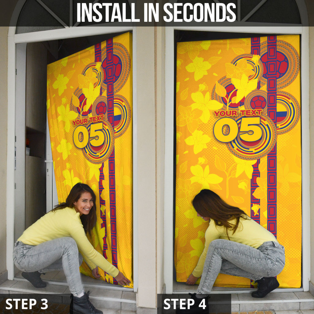 Custom Colombia Football Door Cover Tropical Orchid Floral Pattern With Coat Of Arms