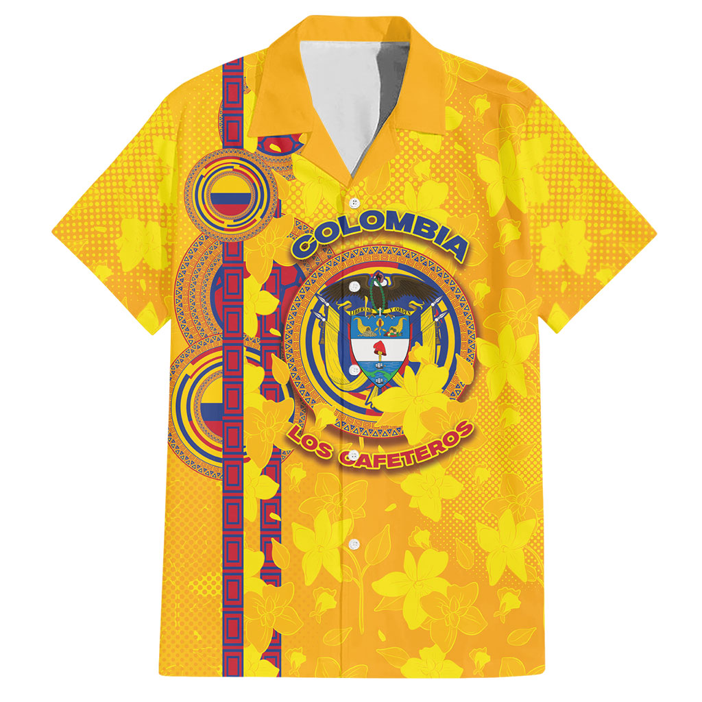 Custom Colombia Football Hawaiian Shirt Tropical Orchid Floral Pattern With Coat Of Arms