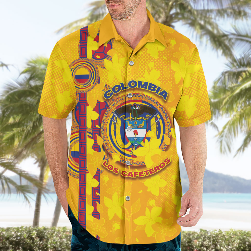 Custom Colombia Football Hawaiian Shirt Tropical Orchid Floral Pattern With Coat Of Arms