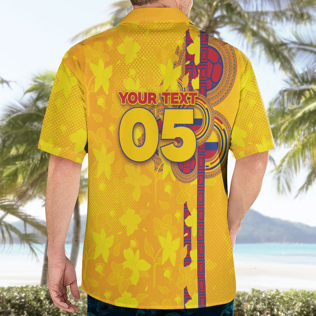 Custom Colombia Football Hawaiian Shirt Tropical Orchid Floral Pattern With Coat Of Arms