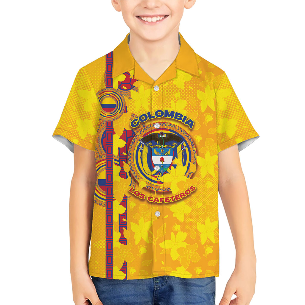 Custom Colombia Football Hawaiian Shirt Tropical Orchid Floral Pattern With Coat Of Arms