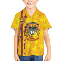 Custom Colombia Football Kid Hawaiian Shirt Tropical Orchid Floral Pattern With Coat Of Arms