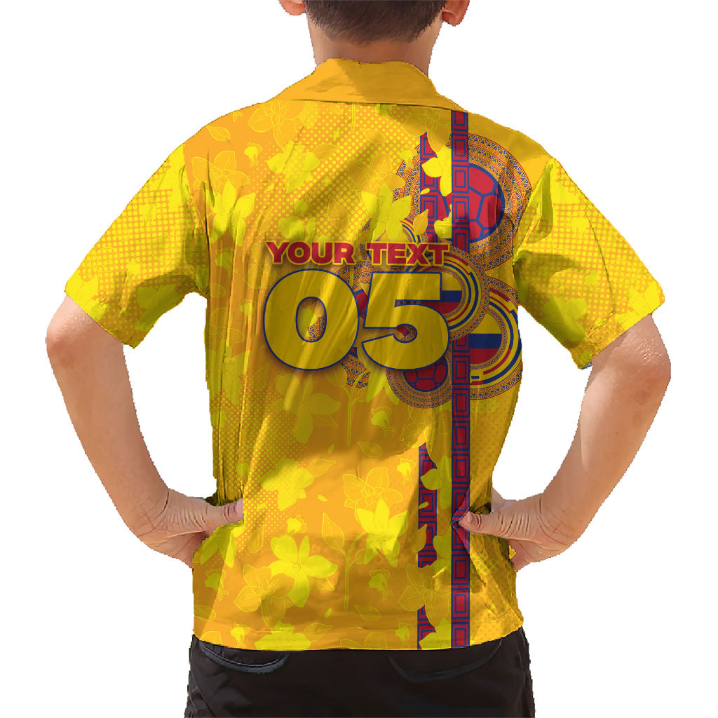 Custom Colombia Football Kid Hawaiian Shirt Tropical Orchid Floral Pattern With Coat Of Arms