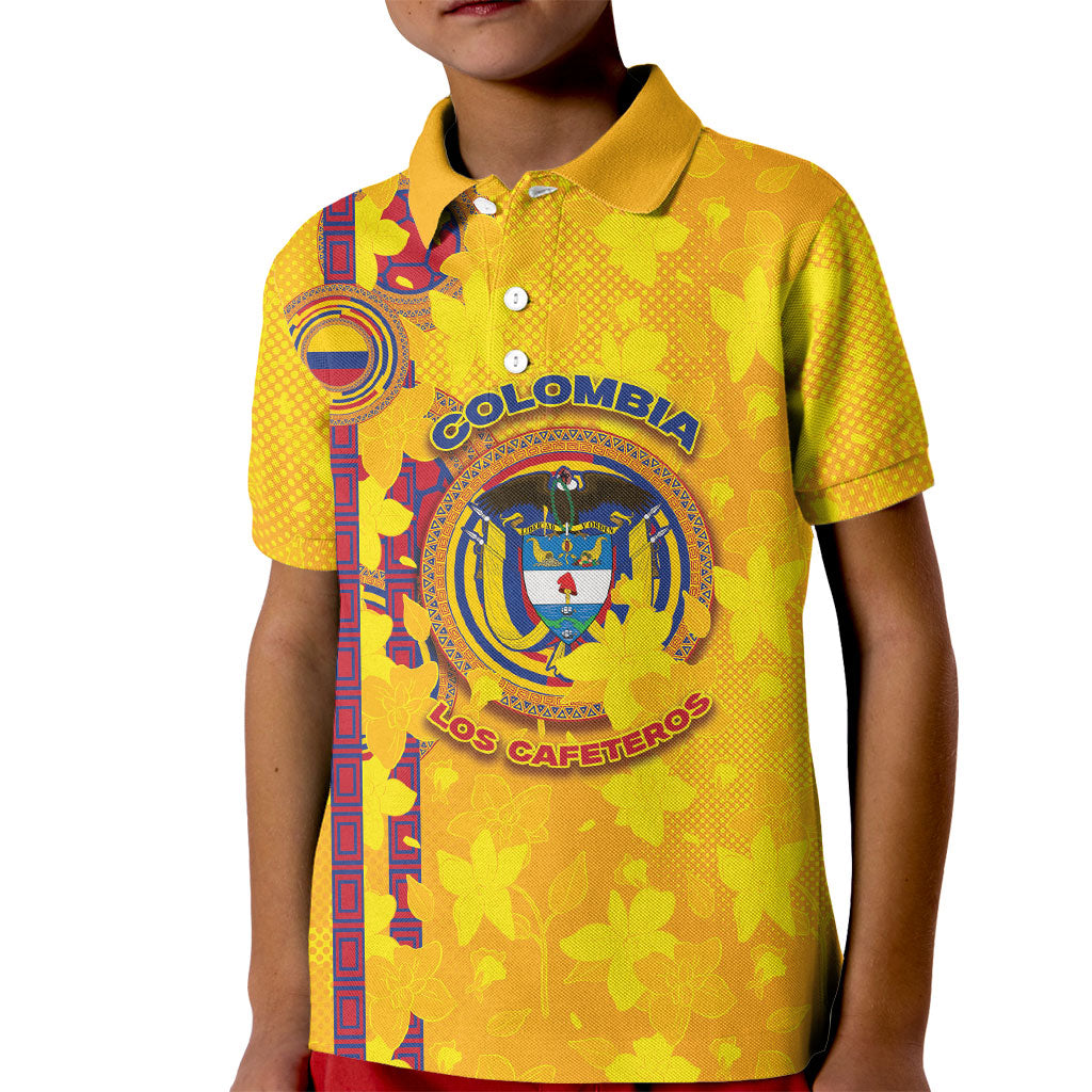 Custom Colombia Football Kid Polo Shirt Tropical Orchid Floral Pattern With Coat Of Arms