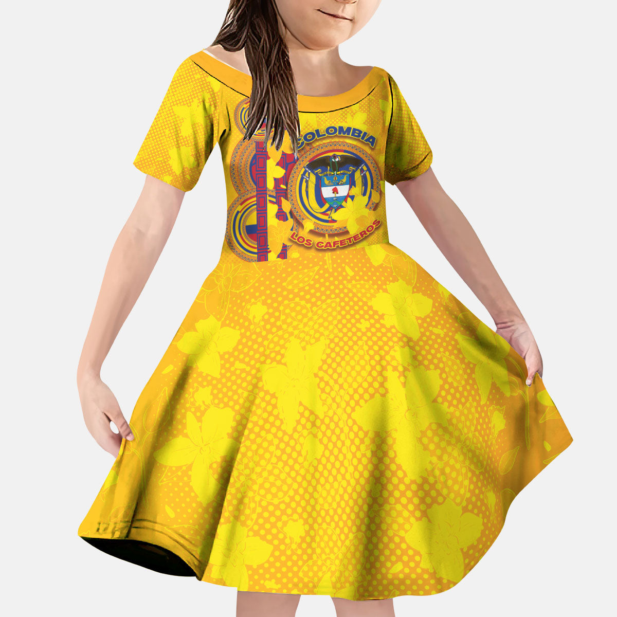 Custom Colombia Football Kid Short Sleeve Dress Tropical Orchid Floral Pattern With Coat Of Arms