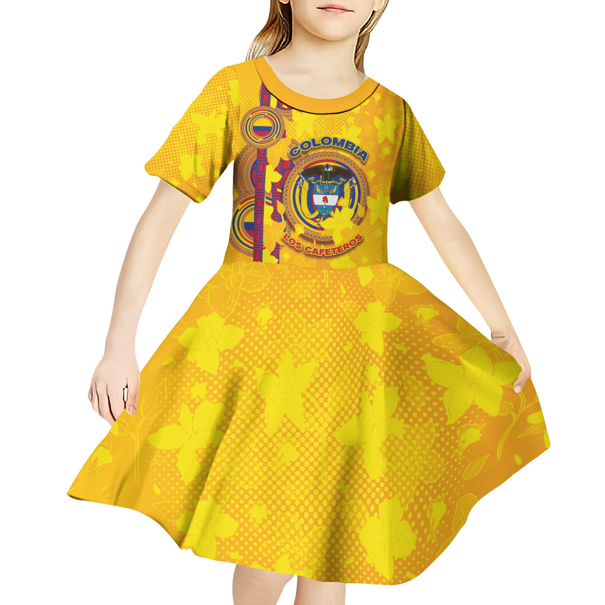 Custom Colombia Football Kid Short Sleeve Dress Tropical Orchid Floral Pattern With Coat Of Arms