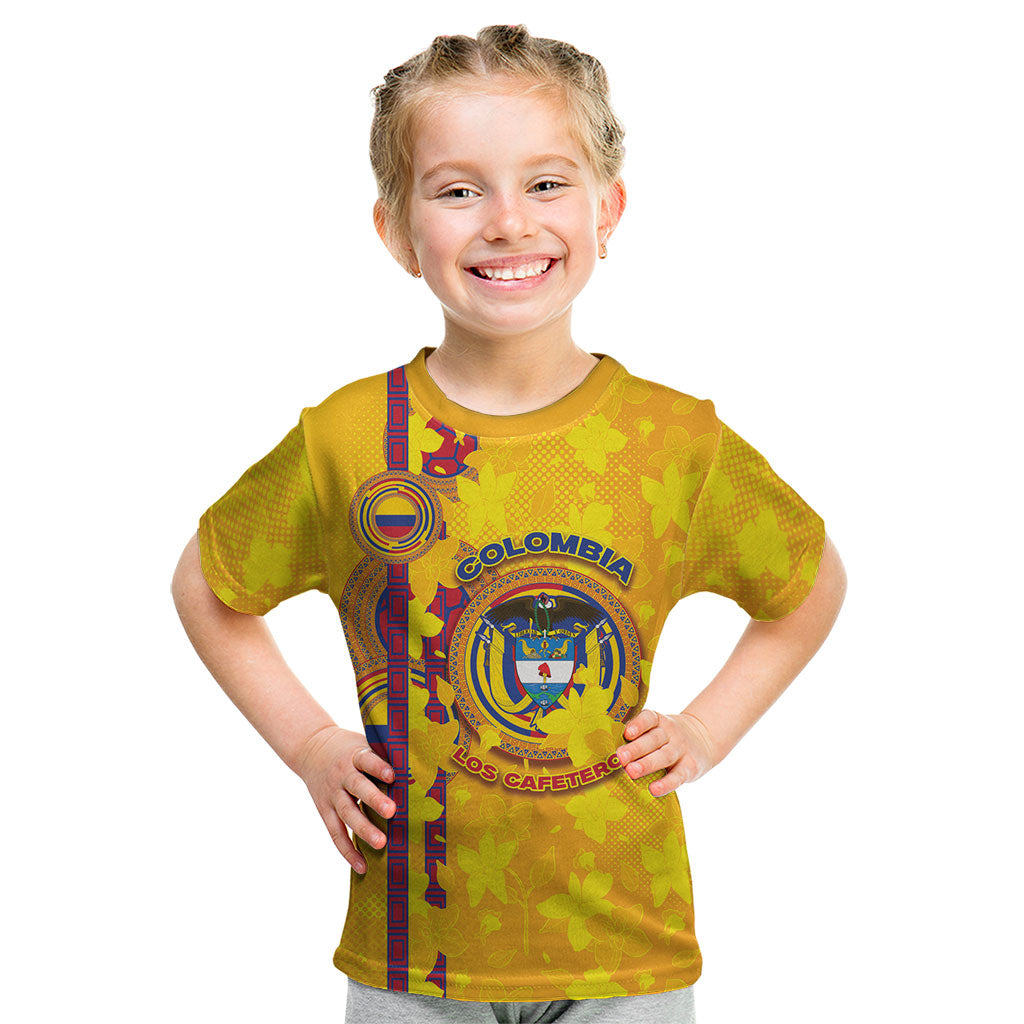 Custom Colombia Football Kid T Shirt Tropical Orchid Floral Pattern With Coat Of Arms