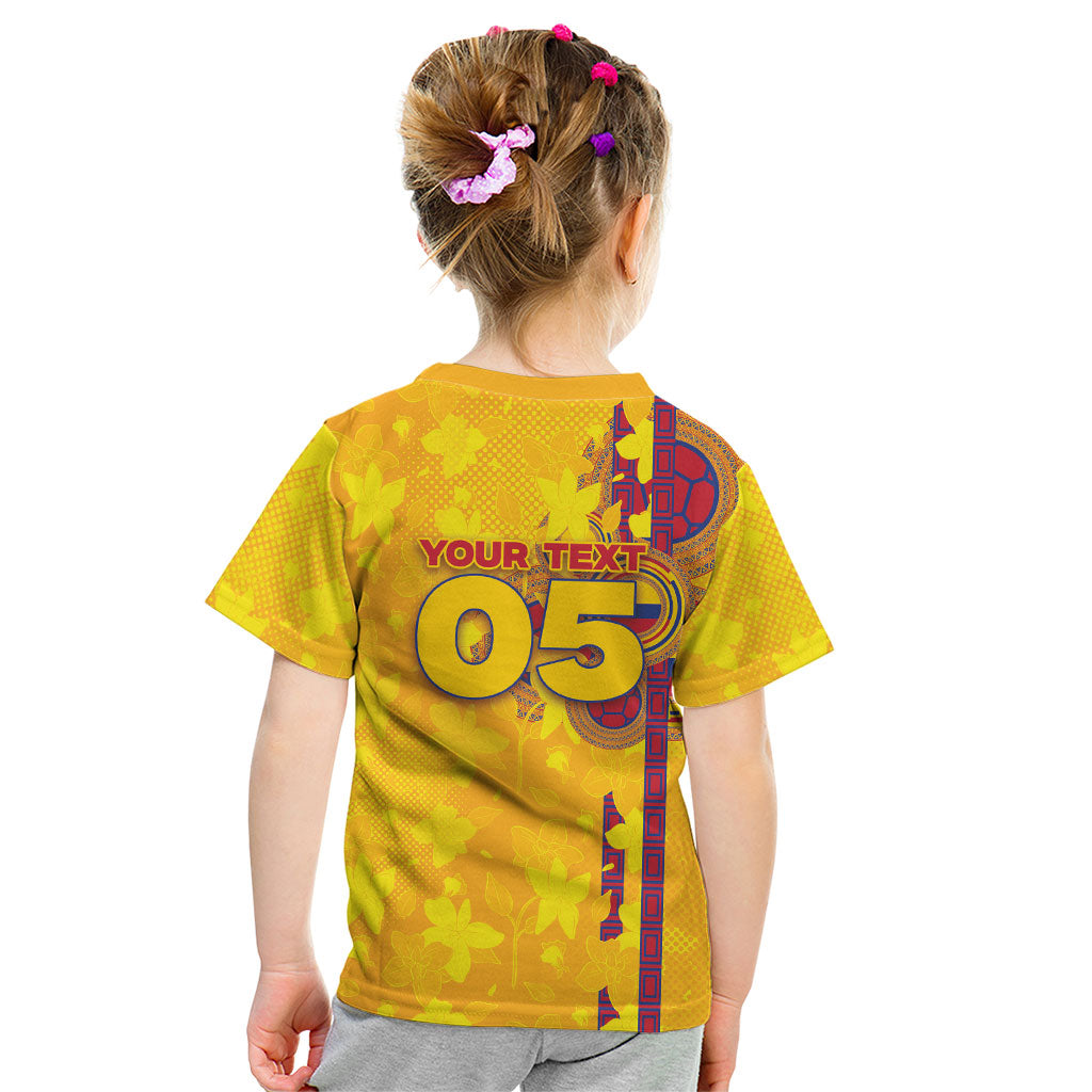 Custom Colombia Football Kid T Shirt Tropical Orchid Floral Pattern With Coat Of Arms