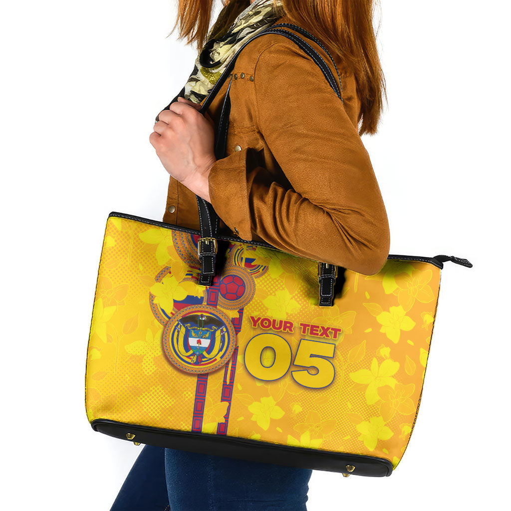 Custom Colombia Football Leather Tote Bag Tropical Orchid Floral Pattern With Coat Of Arms