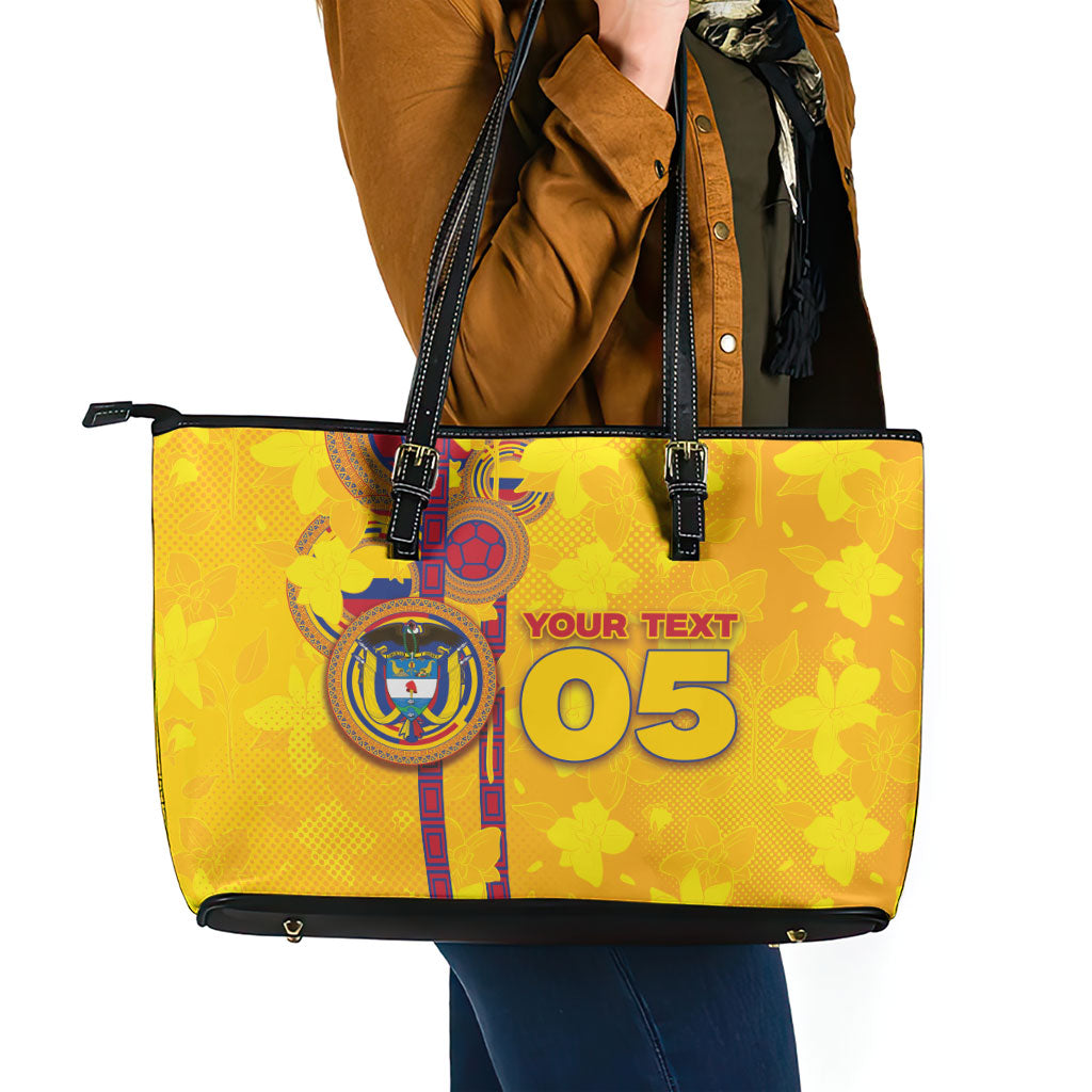 Custom Colombia Football Leather Tote Bag Tropical Orchid Floral Pattern With Coat Of Arms