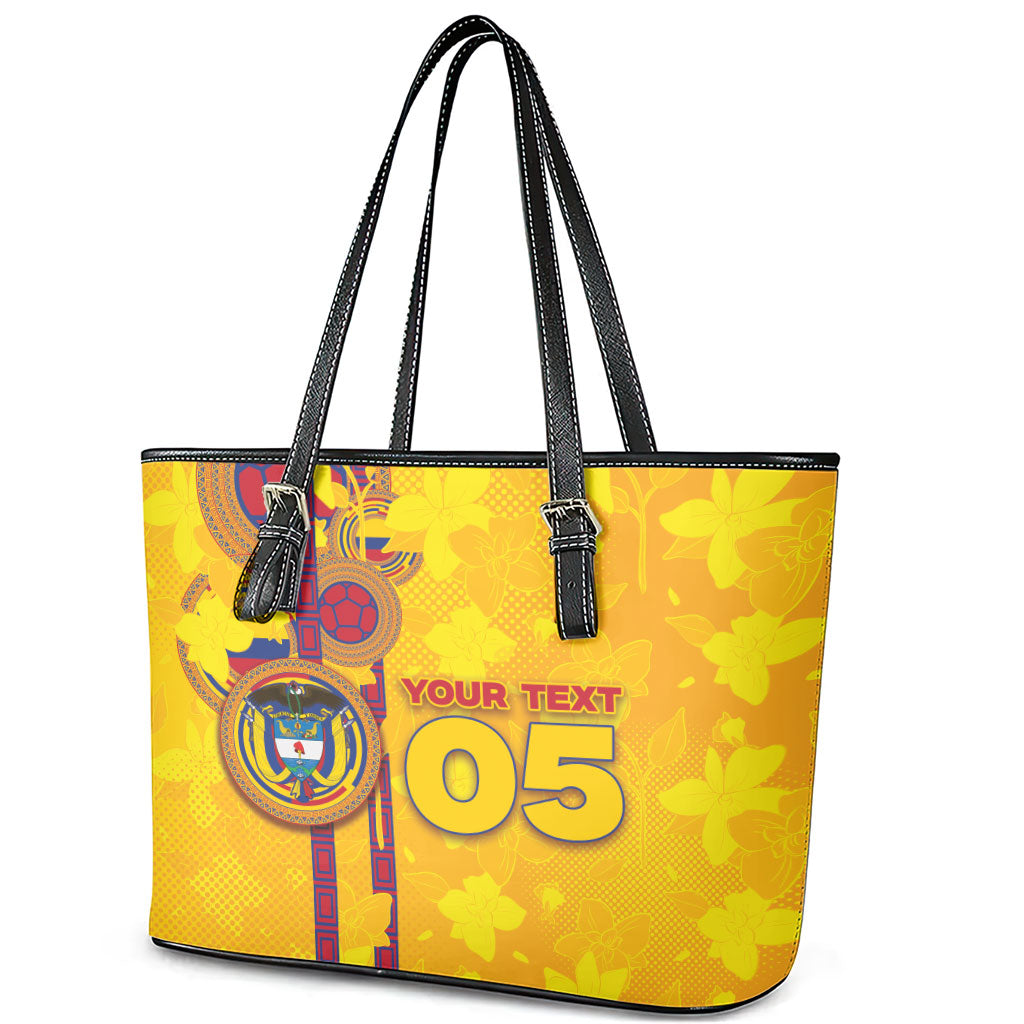Custom Colombia Football Leather Tote Bag Tropical Orchid Floral Pattern With Coat Of Arms