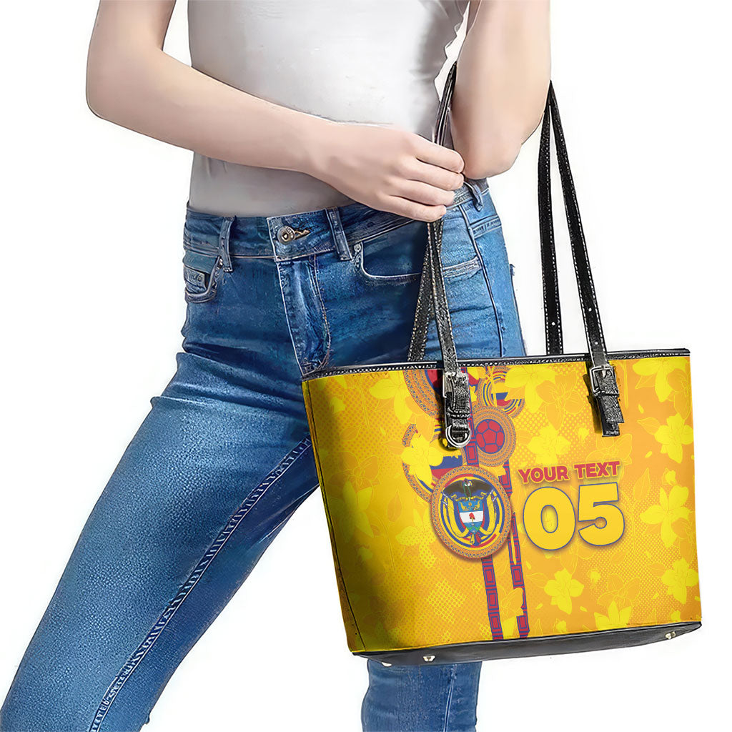 Custom Colombia Football Leather Tote Bag Tropical Orchid Floral Pattern With Coat Of Arms
