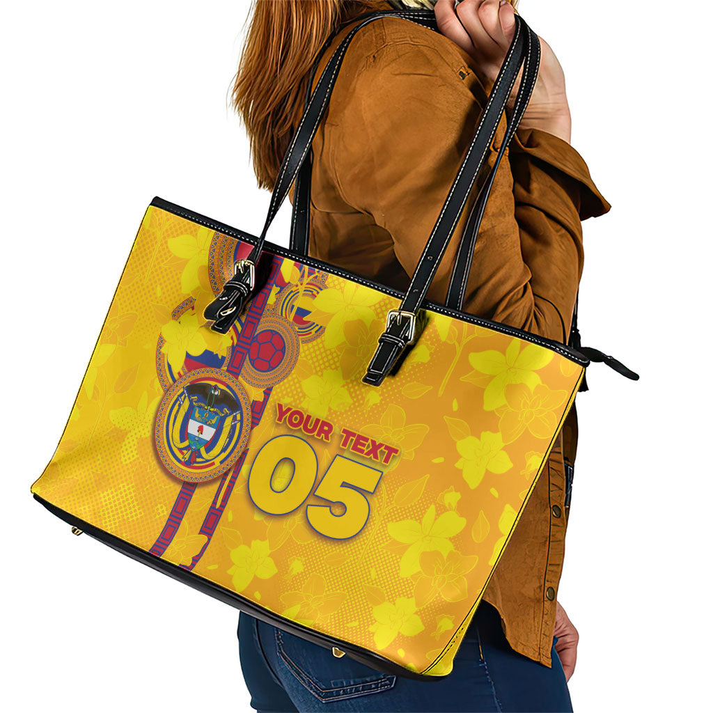 Custom Colombia Football Leather Tote Bag Tropical Orchid Floral Pattern With Coat Of Arms