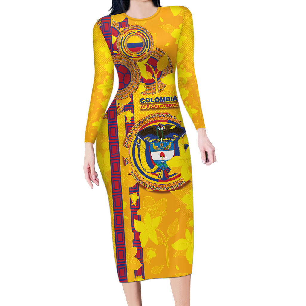 Custom Colombia Football Long Sleeve Bodycon Dress Tropical Orchid Floral Pattern With Coat Of Arms