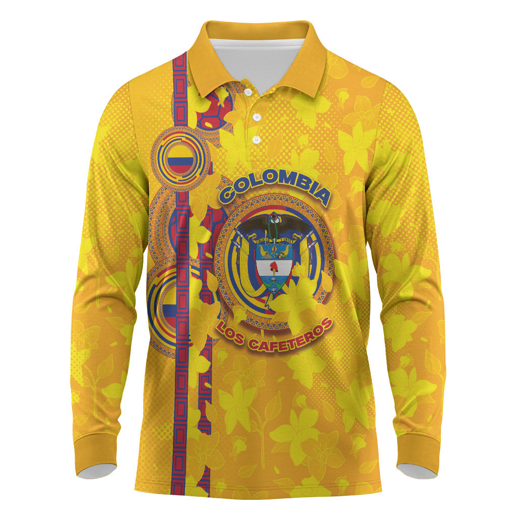 Custom Colombia Football Long Sleeve Polo Shirt Tropical Orchid Floral Pattern With Coat Of Arms