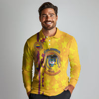 Custom Colombia Football Long Sleeve Polo Shirt Tropical Orchid Floral Pattern With Coat Of Arms