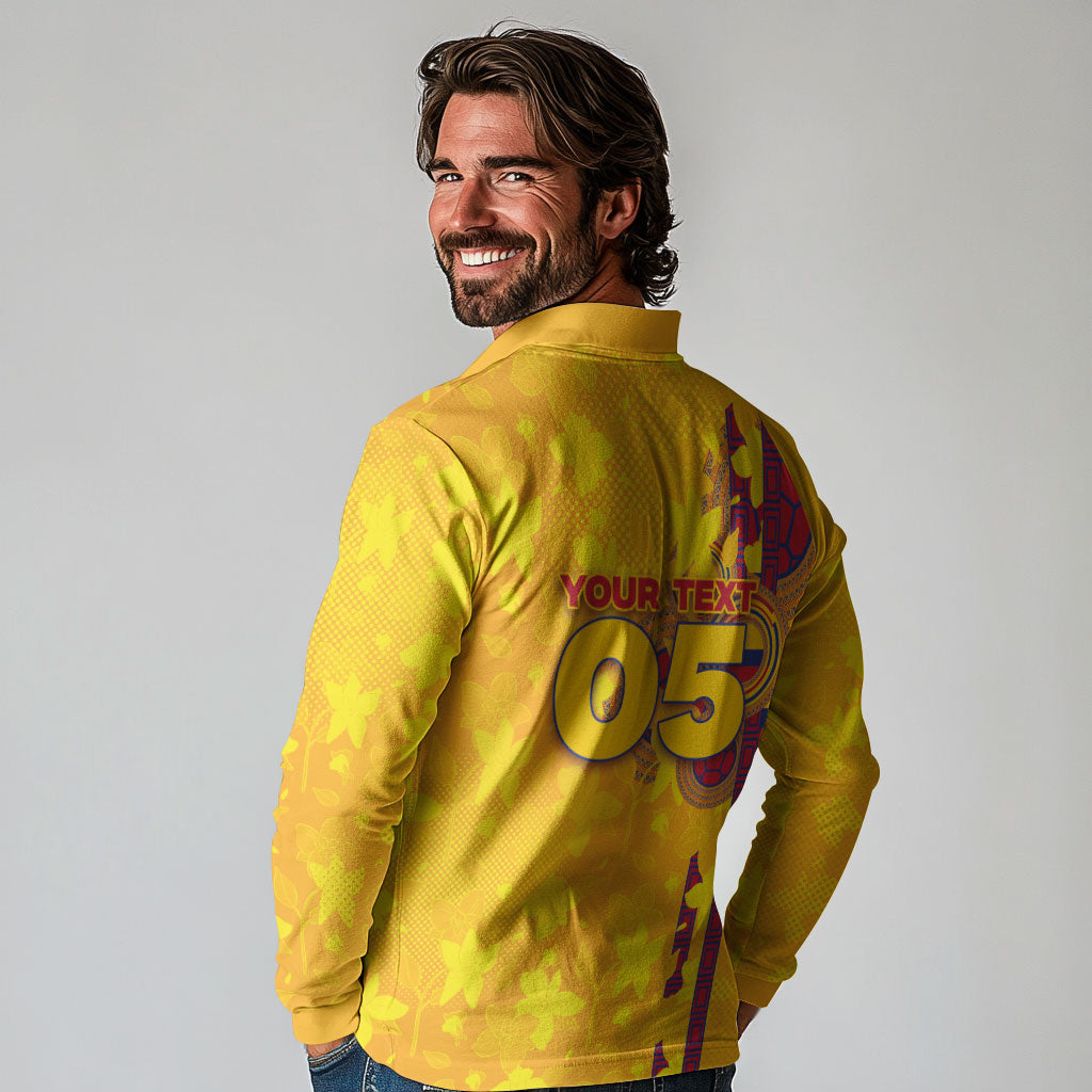 Custom Colombia Football Long Sleeve Polo Shirt Tropical Orchid Floral Pattern With Coat Of Arms