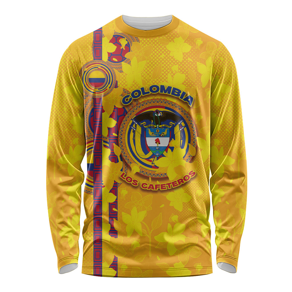 Custom Colombia Football Long Sleeve Shirt Tropical Orchid Floral Pattern With Coat Of Arms