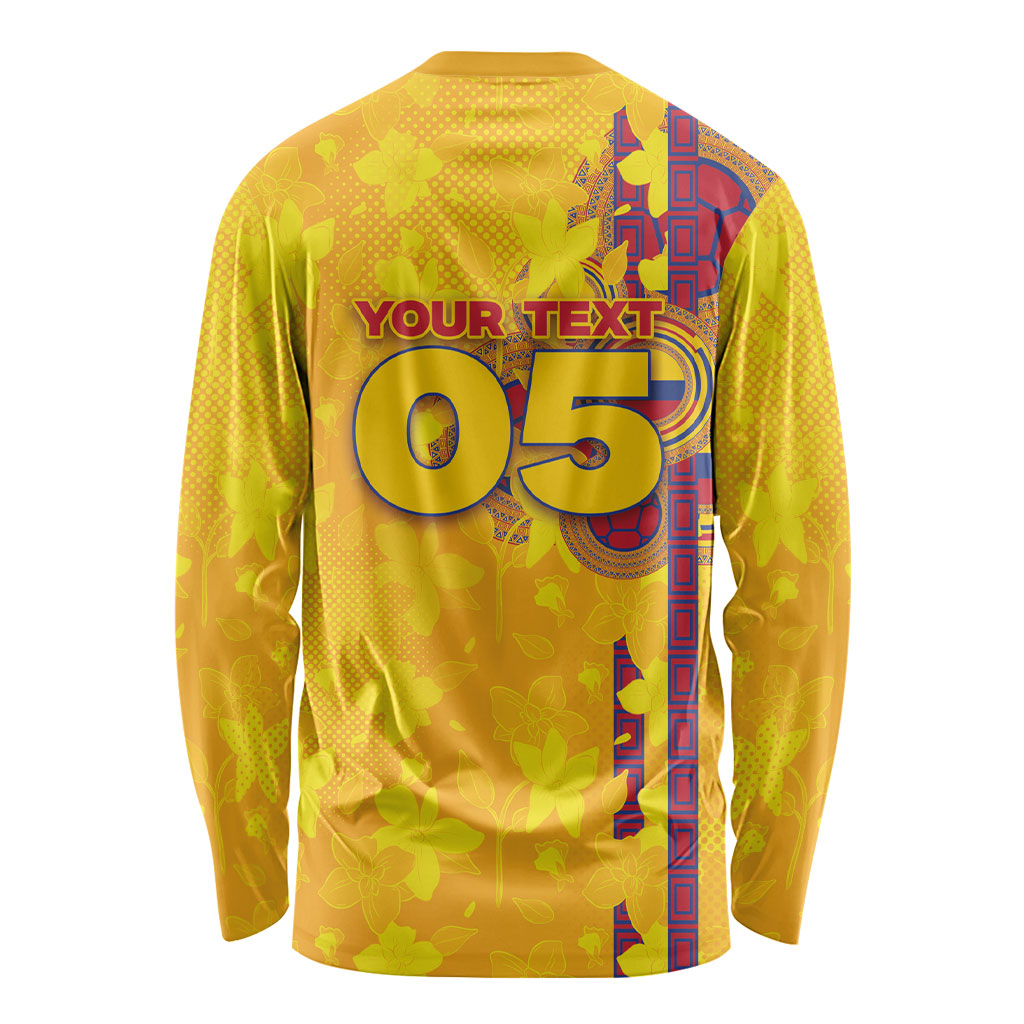 Custom Colombia Football Long Sleeve Shirt Tropical Orchid Floral Pattern With Coat Of Arms