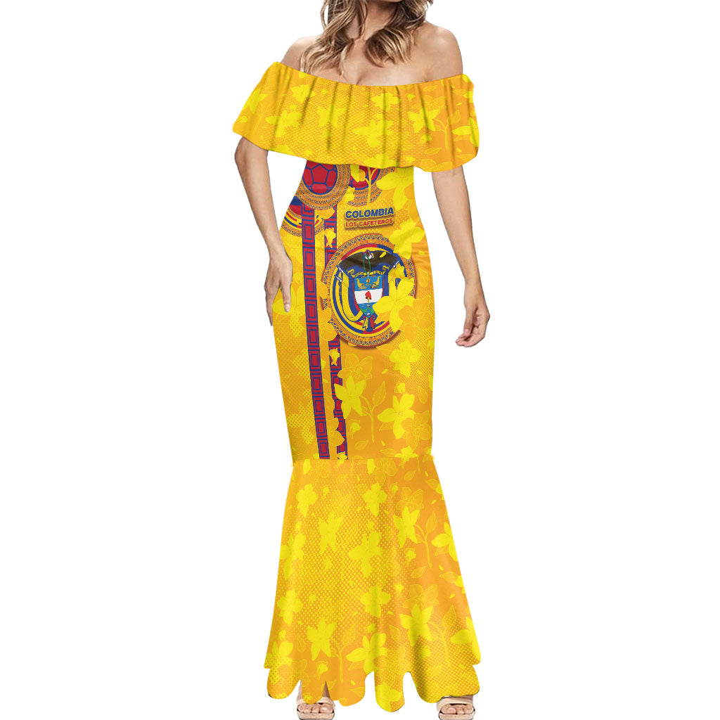 Custom Colombia Football Mermaid Dress Tropical Orchid Floral Pattern With Coat Of Arms