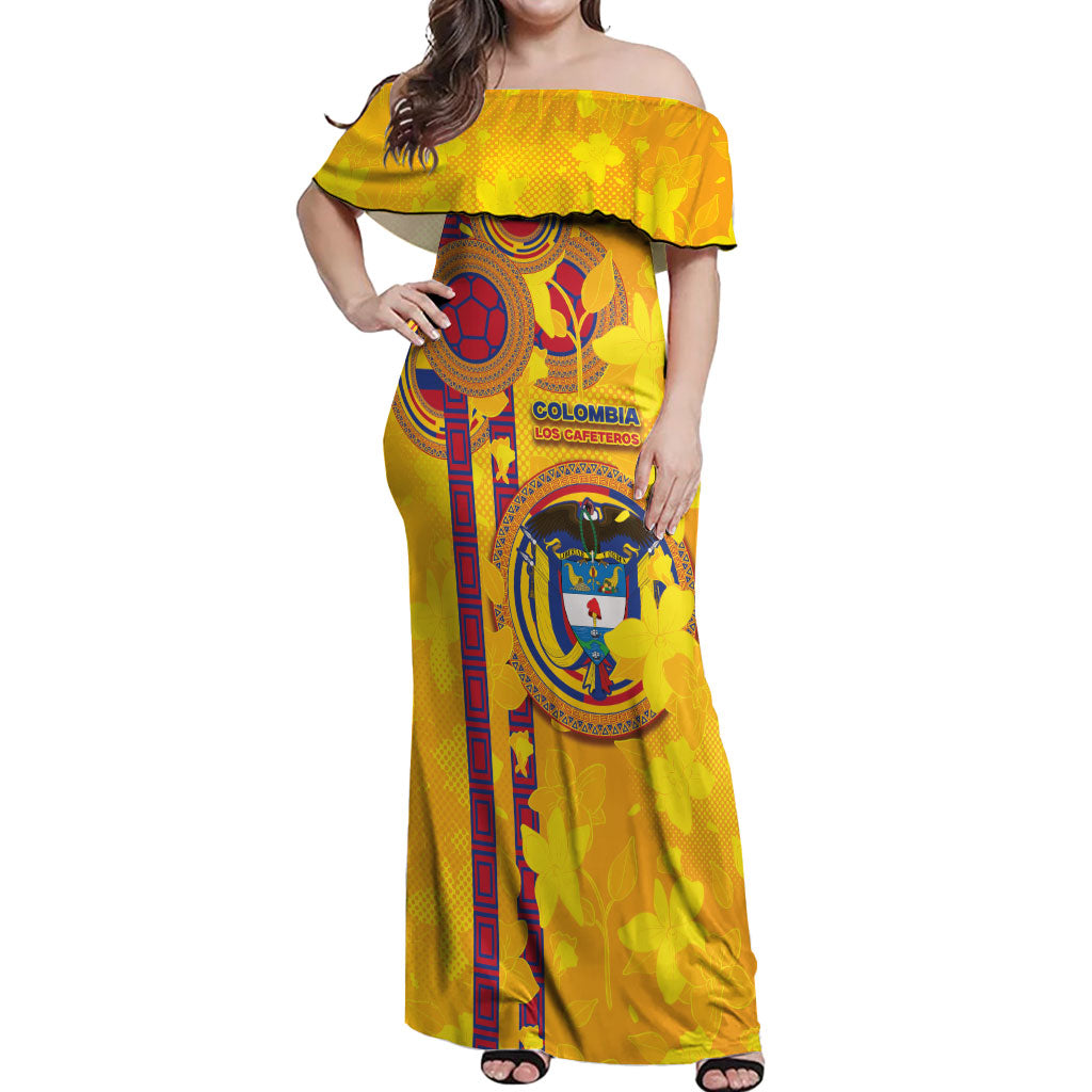 Custom Colombia Football Off Shoulder Maxi Dress Tropical Orchid Floral Pattern With Coat Of Arms