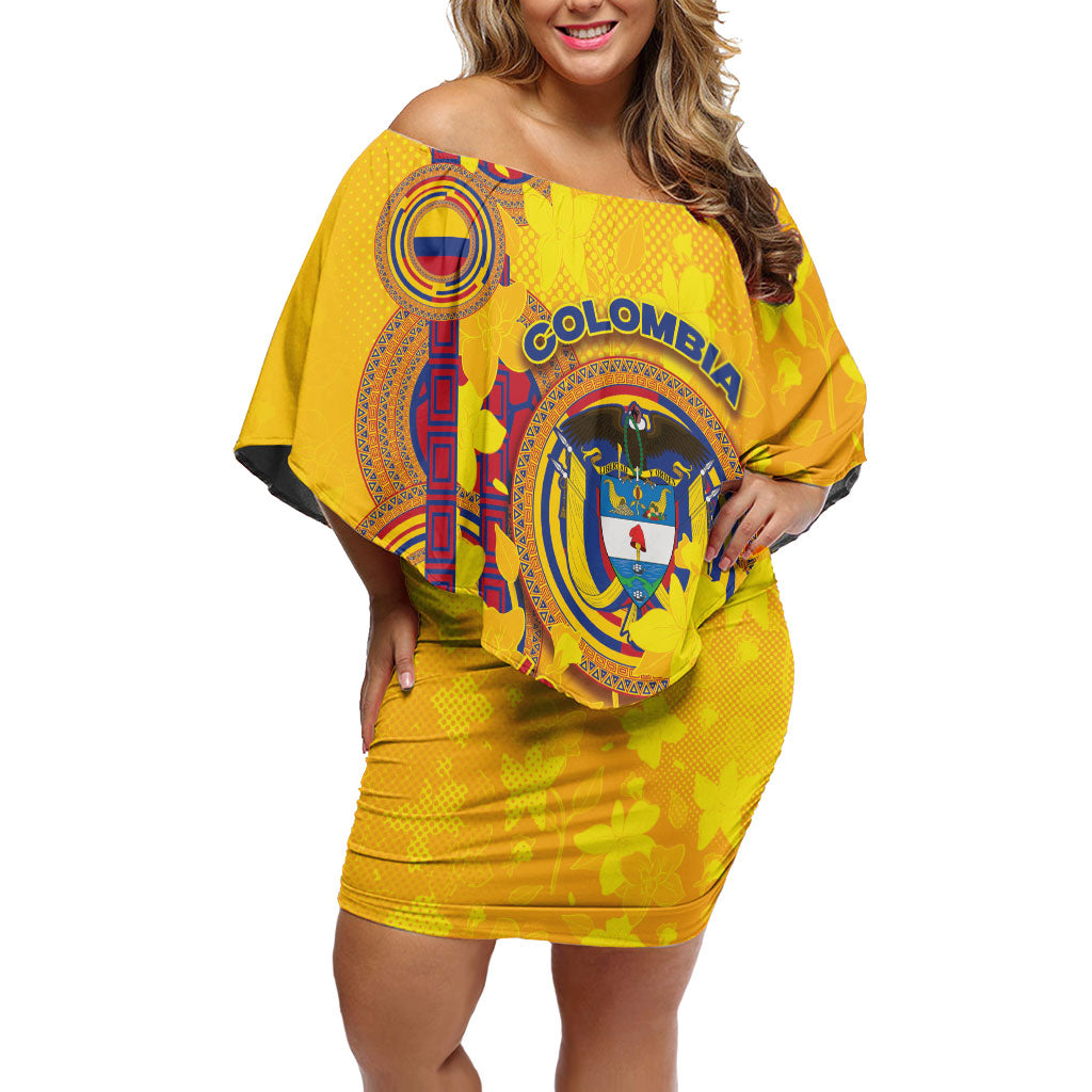 Custom Colombia Football Off Shoulder Short Dress Tropical Orchid Floral Pattern With Coat Of Arms