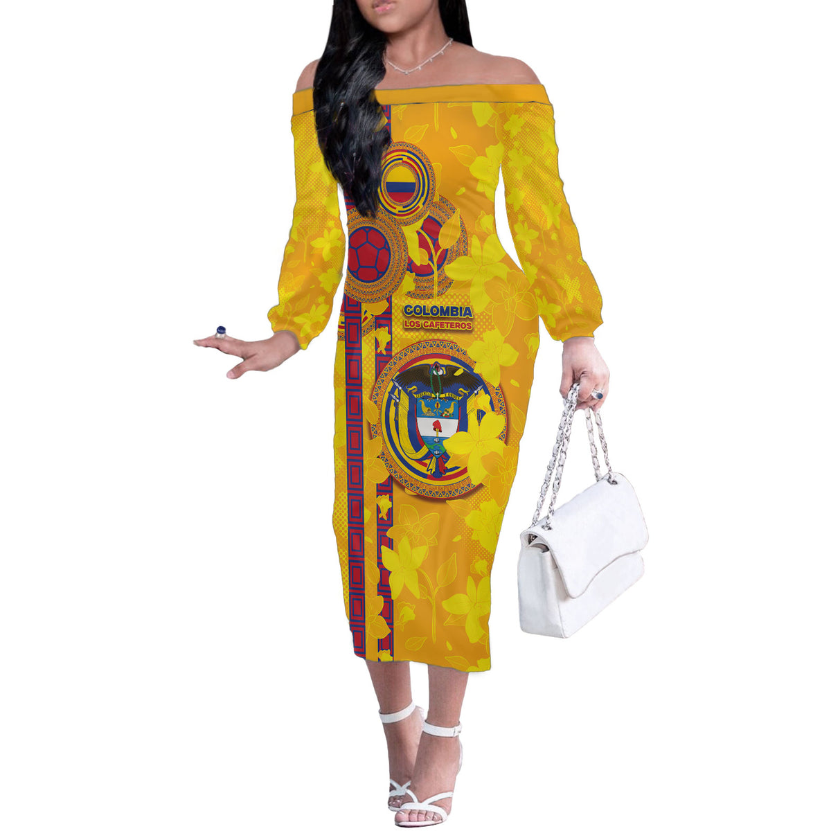 Custom Colombia Football Off The Shoulder Long Sleeve Dress Tropical Orchid Floral Pattern With Coat Of Arms