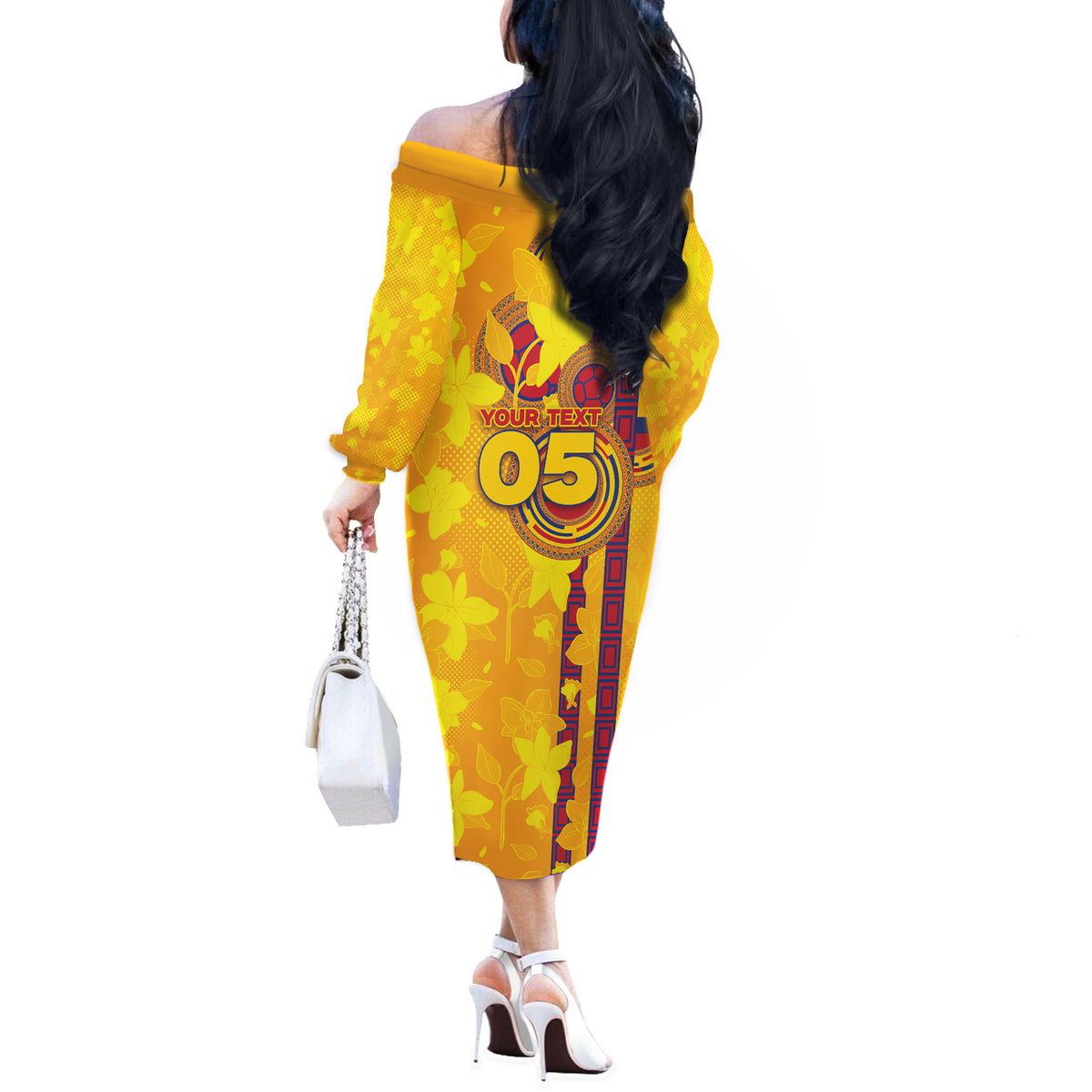 Custom Colombia Football Off The Shoulder Long Sleeve Dress Tropical Orchid Floral Pattern With Coat Of Arms