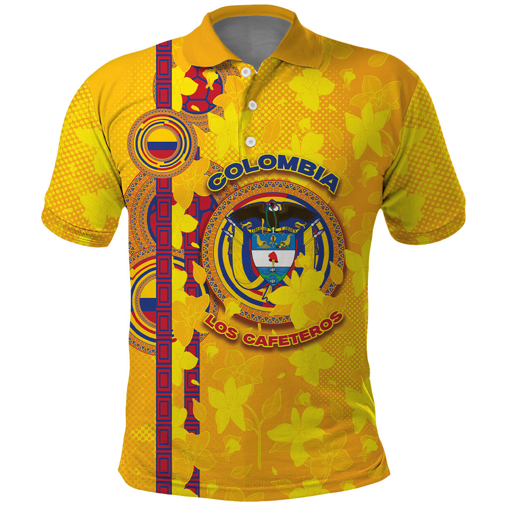 Custom Colombia Football Polo Shirt Tropical Orchid Floral Pattern With Coat Of Arms