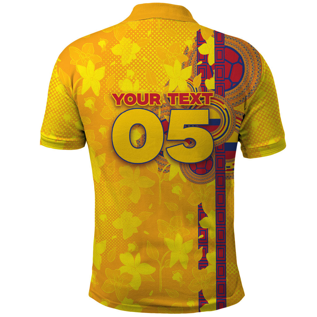 Custom Colombia Football Polo Shirt Tropical Orchid Floral Pattern With Coat Of Arms