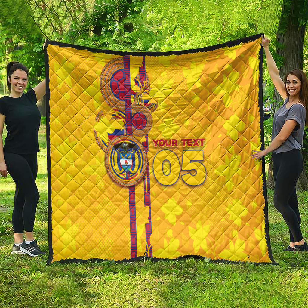 Custom Colombia Football Quilt Tropical Orchid Floral Pattern With Coat Of Arms
