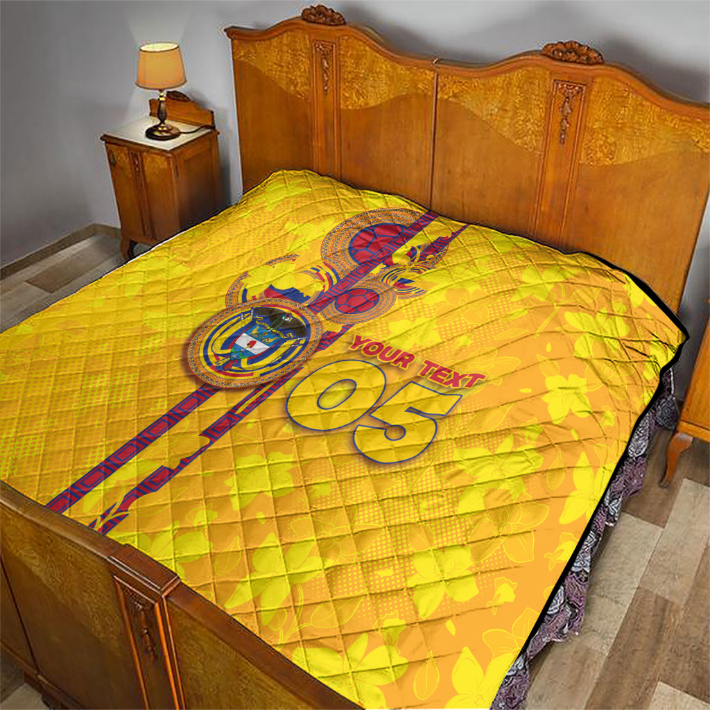 Custom Colombia Football Quilt Tropical Orchid Floral Pattern With Coat Of Arms