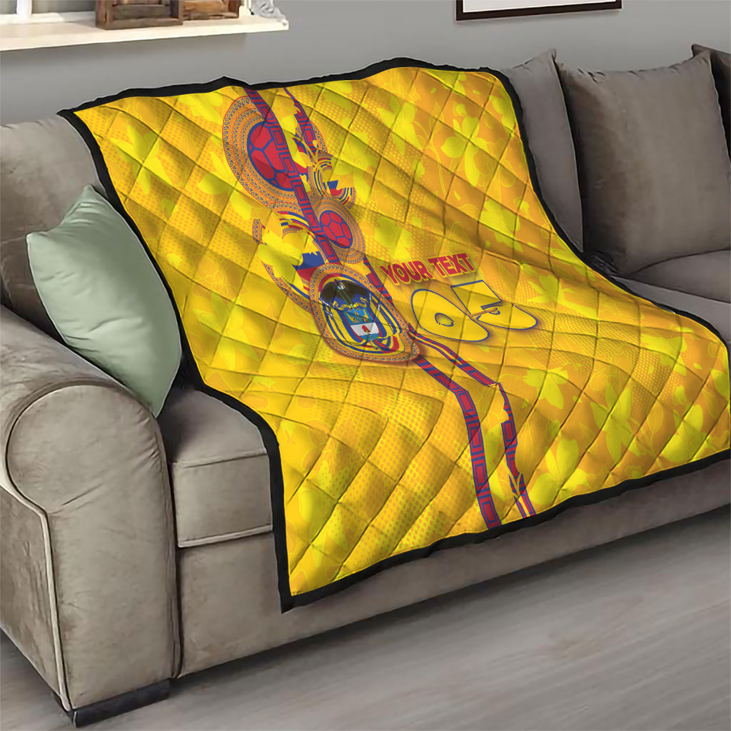 Custom Colombia Football Quilt Tropical Orchid Floral Pattern With Coat Of Arms