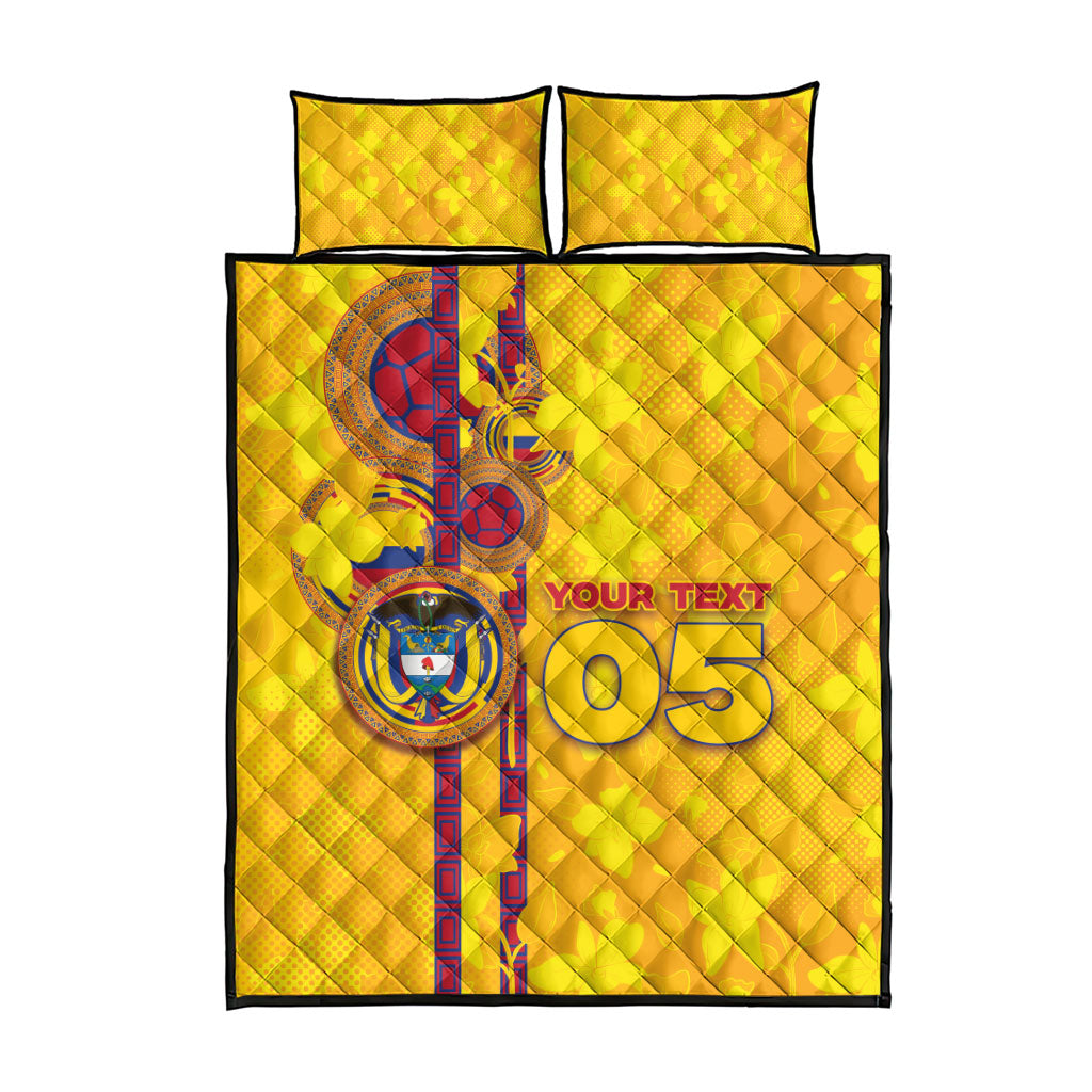 Custom Colombia Football Quilt Bed Set Tropical Orchid Floral Pattern With Coat Of Arms