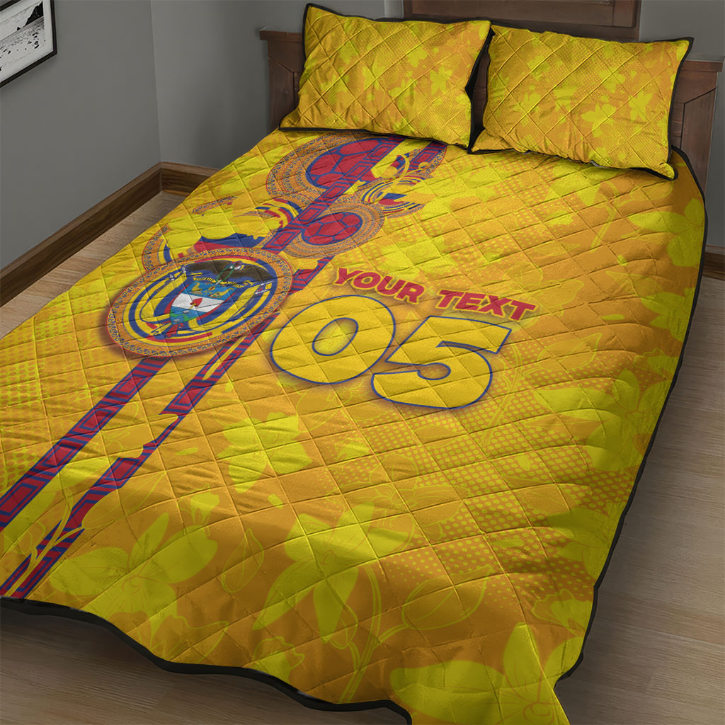 Custom Colombia Football Quilt Bed Set Tropical Orchid Floral Pattern With Coat Of Arms