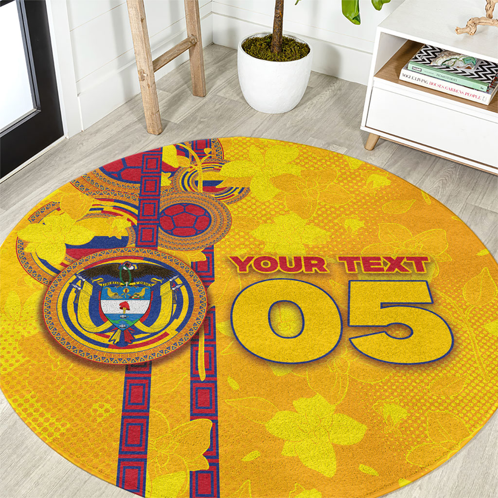 Custom Colombia Football Round Carpet Tropical Orchid Floral Pattern With Coat Of Arms