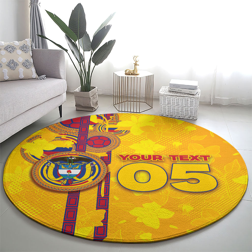 Custom Colombia Football Round Carpet Tropical Orchid Floral Pattern With Coat Of Arms
