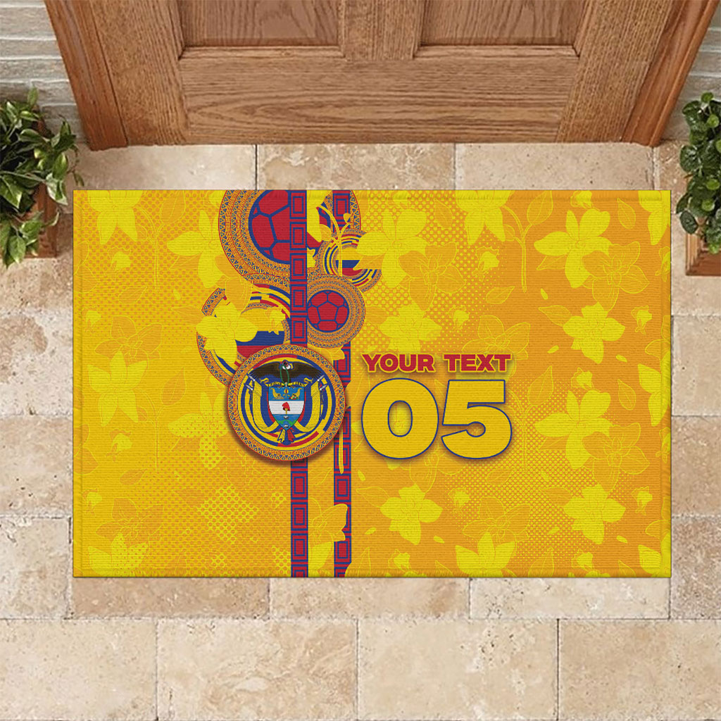 Custom Colombia Football Rubber Doormat Tropical Orchid Floral Pattern With Coat Of Arms