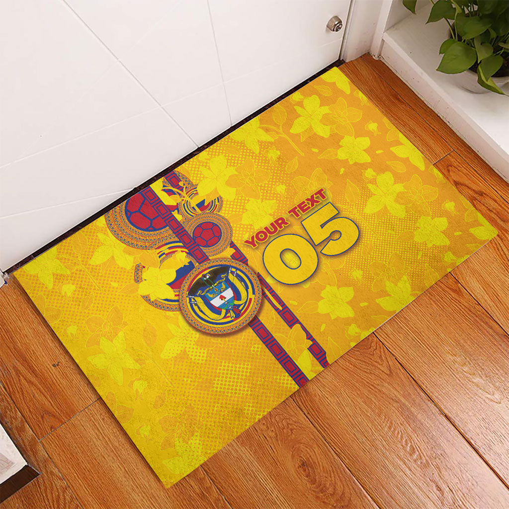 Custom Colombia Football Rubber Doormat Tropical Orchid Floral Pattern With Coat Of Arms