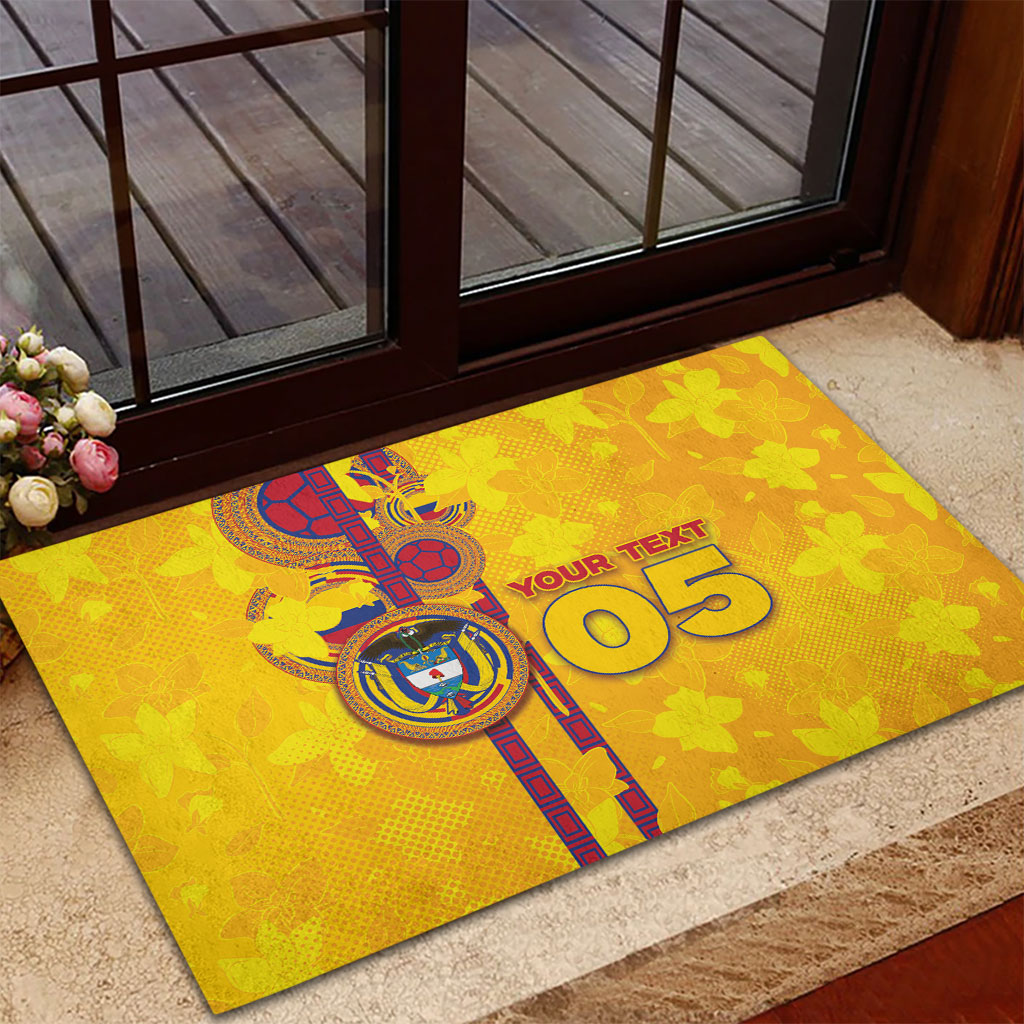 Custom Colombia Football Rubber Doormat Tropical Orchid Floral Pattern With Coat Of Arms