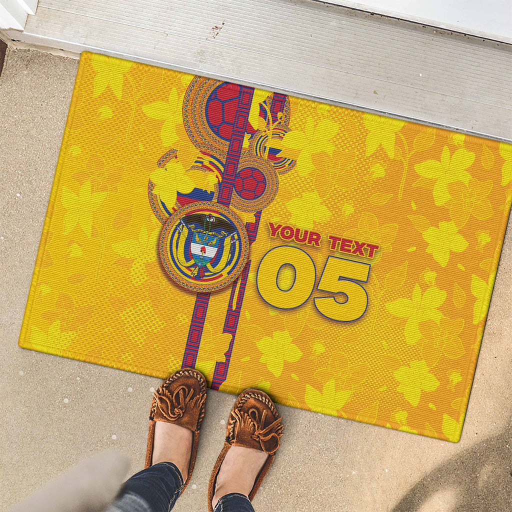 Custom Colombia Football Rubber Doormat Tropical Orchid Floral Pattern With Coat Of Arms