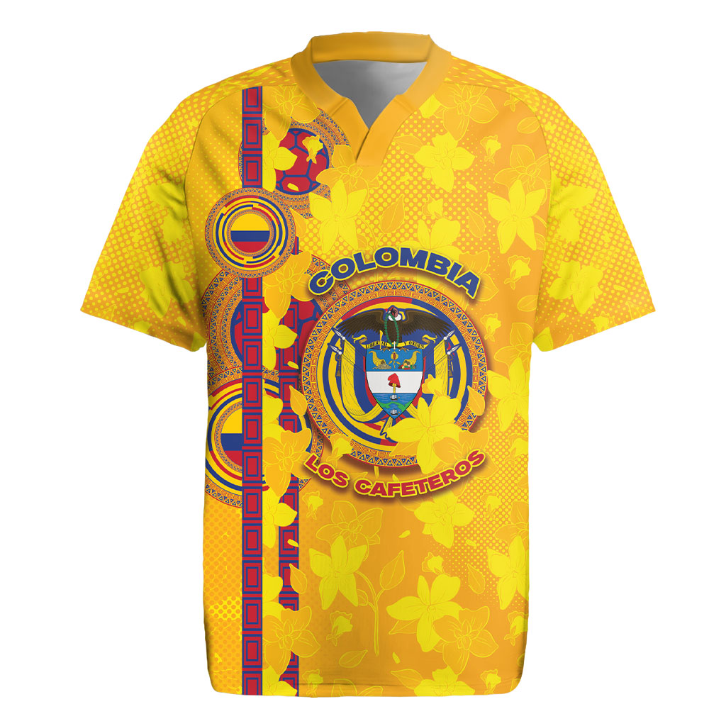 Custom Colombia Football Rugby Jersey Tropical Orchid Floral Pattern With Coat Of Arms
