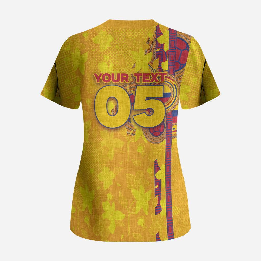 Custom Colombia Football Scrub Top Tropical Orchid Floral Pattern With Coat Of Arms