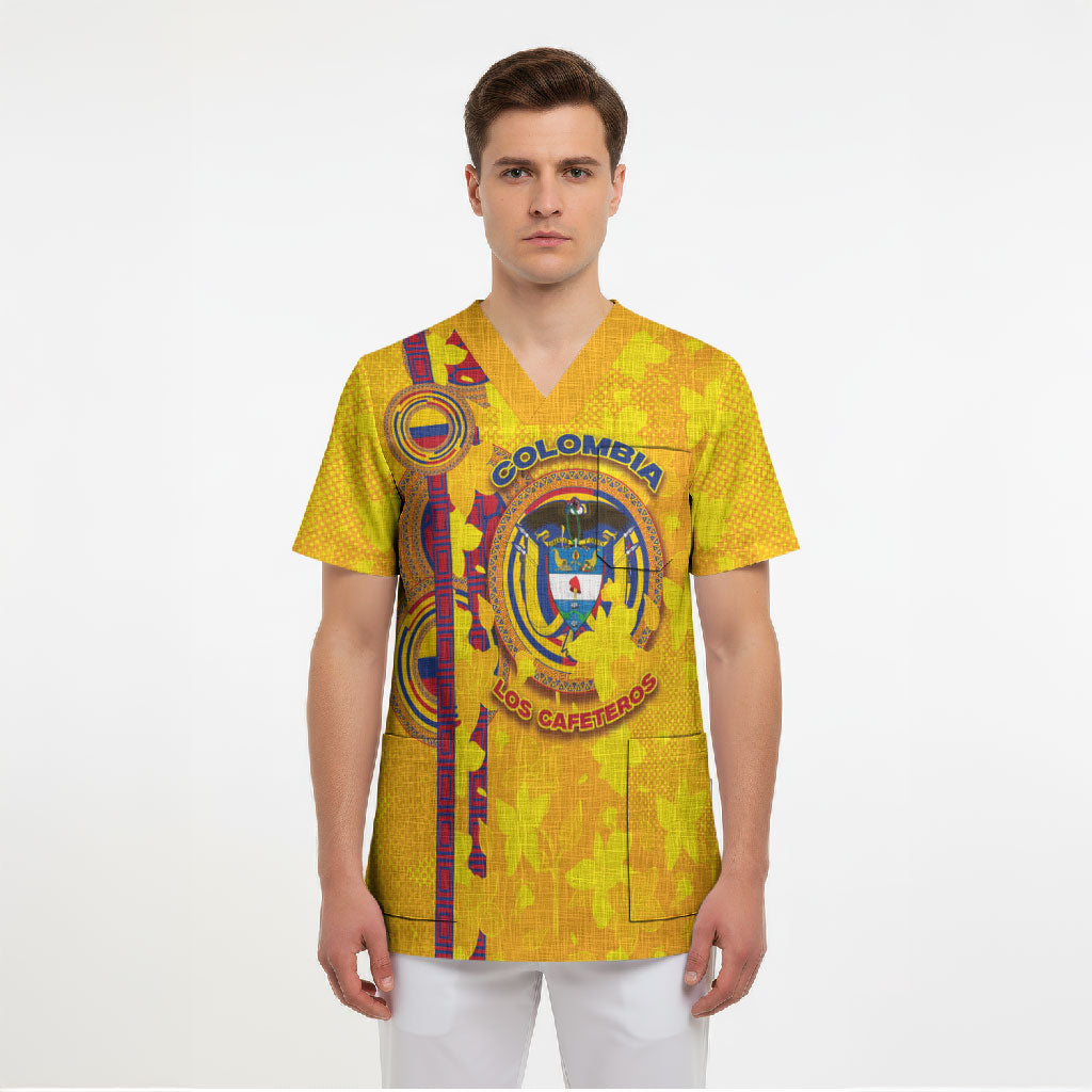 Custom Colombia Football Scrub Top Tropical Orchid Floral Pattern With Coat Of Arms